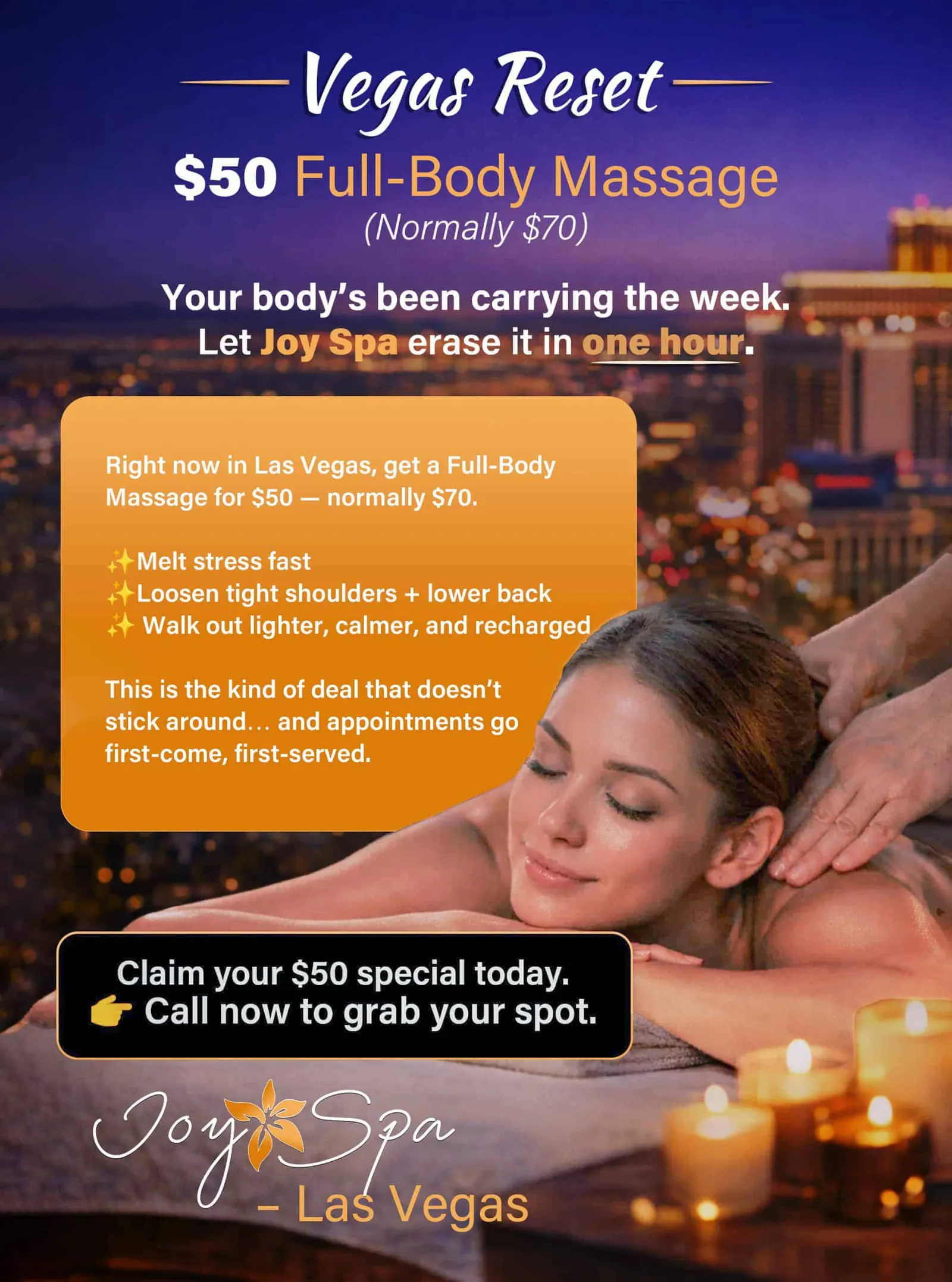 Vegas Reset special at Joy Spa Las Vegas: $50 full-body massage, normally $70. Call now to grab your spot.